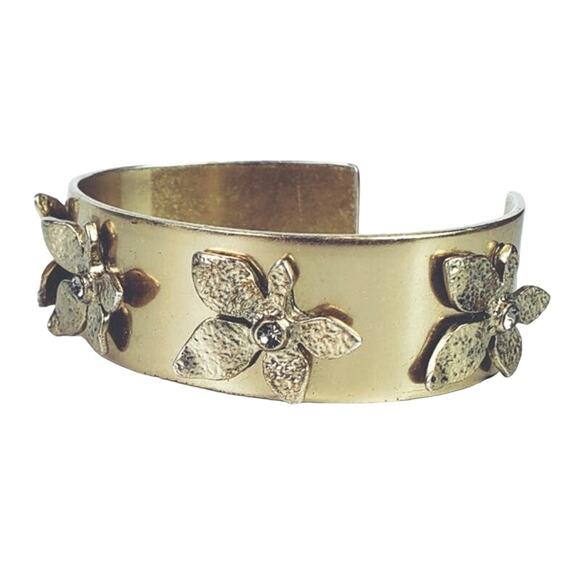 Kenneth Cole Reaction Gold Tone Floral Cuff Bracelet Rhinestone - Picture 1 of 5